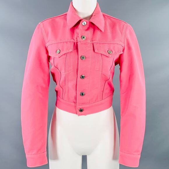 HELMUT LANG Size XS Femme Trucker Pink Cotton Blend Cropped Denim Jacket - Picture 1 of 5